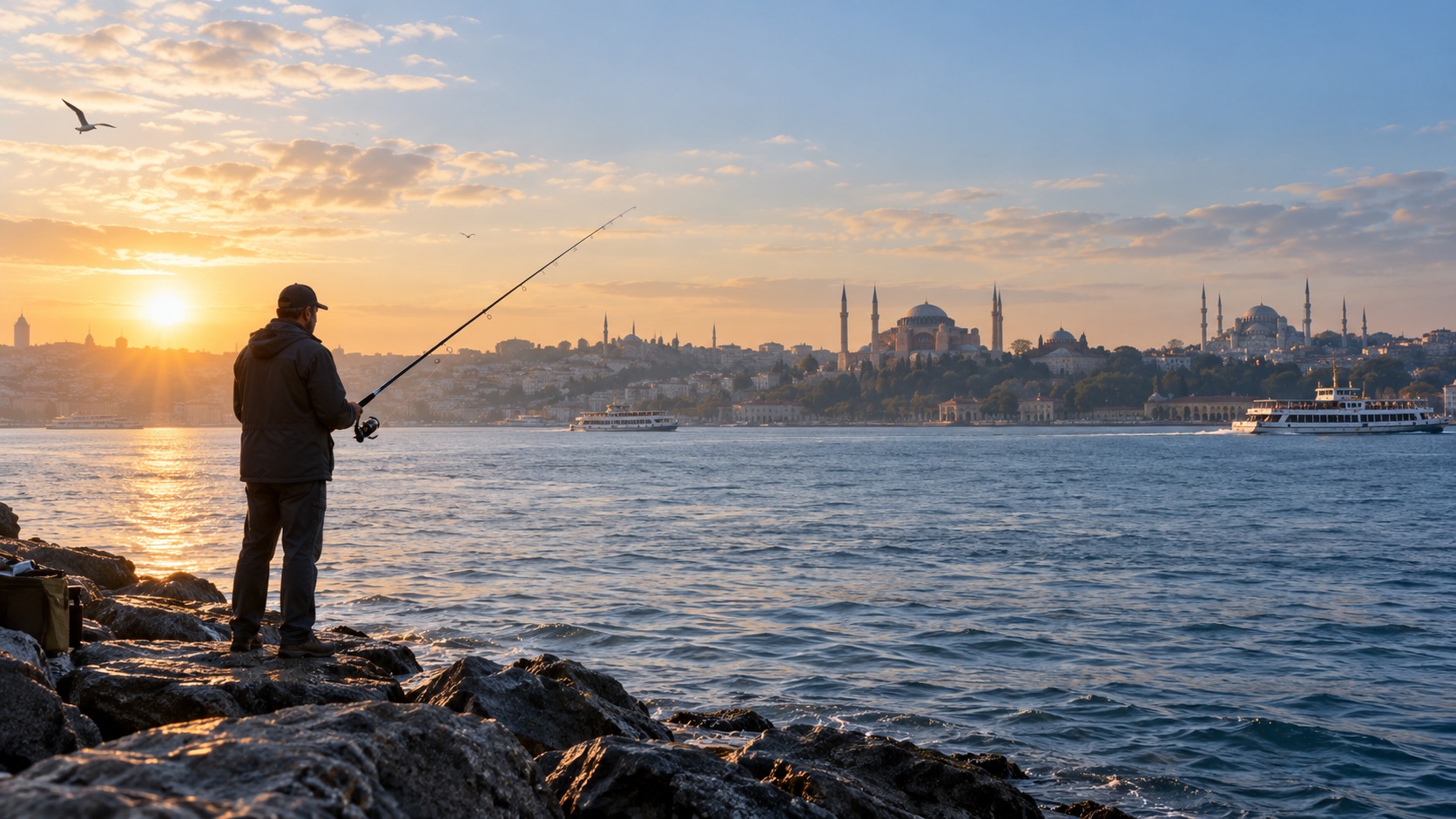 İstanbul Boğazı'nda gün doğumunda balık tutan bir kullanıcı